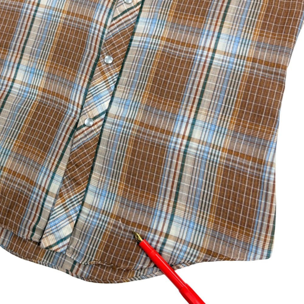 Saturdays California Western Pearl Snap Men SMALL Brown Plaid 70s 80s Vintage - Picture 9 of 9